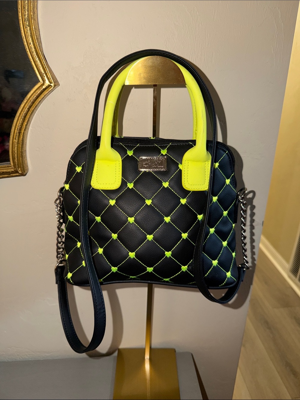 Betsey Johnson Black Satchel with Neon Yellow Accents